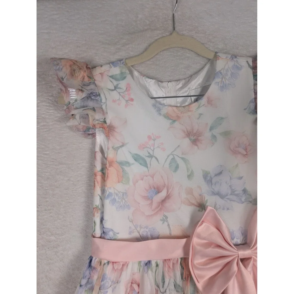 Rare Edition Dress Girl's 10 White Floral Flutter Sleeve Oversized Bow Tulle